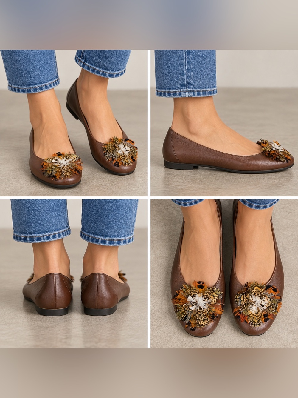 Italian Taryn Rose 40 Genuine Brown Leather Ballet Flats with Feather Rosette
